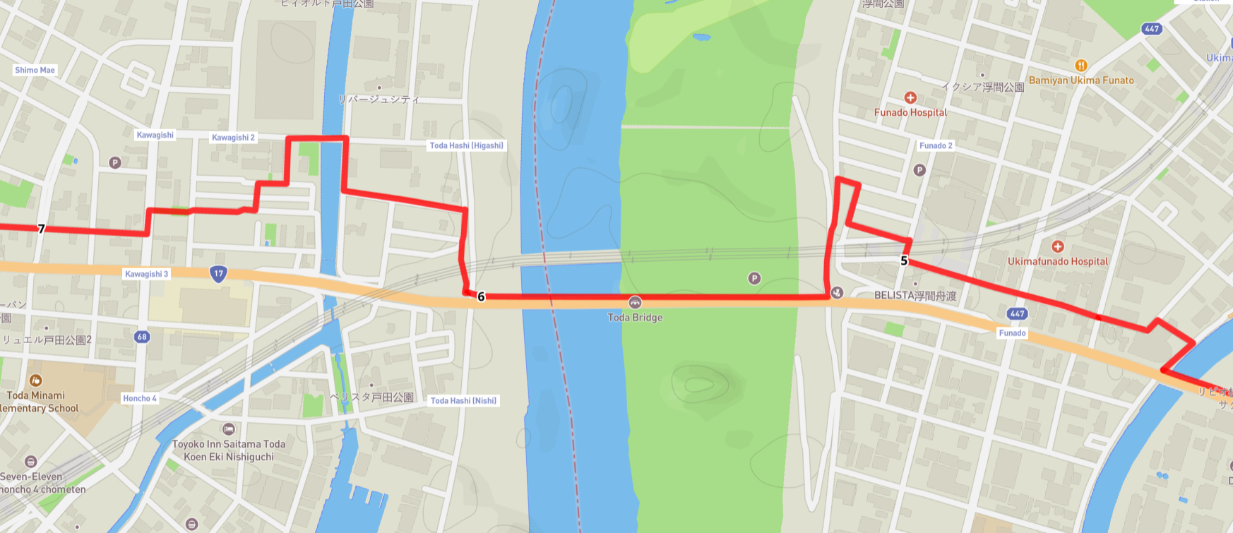 Map of part of the second leg, showing the crossing over the Arakawa river. North is to the left in the picture.