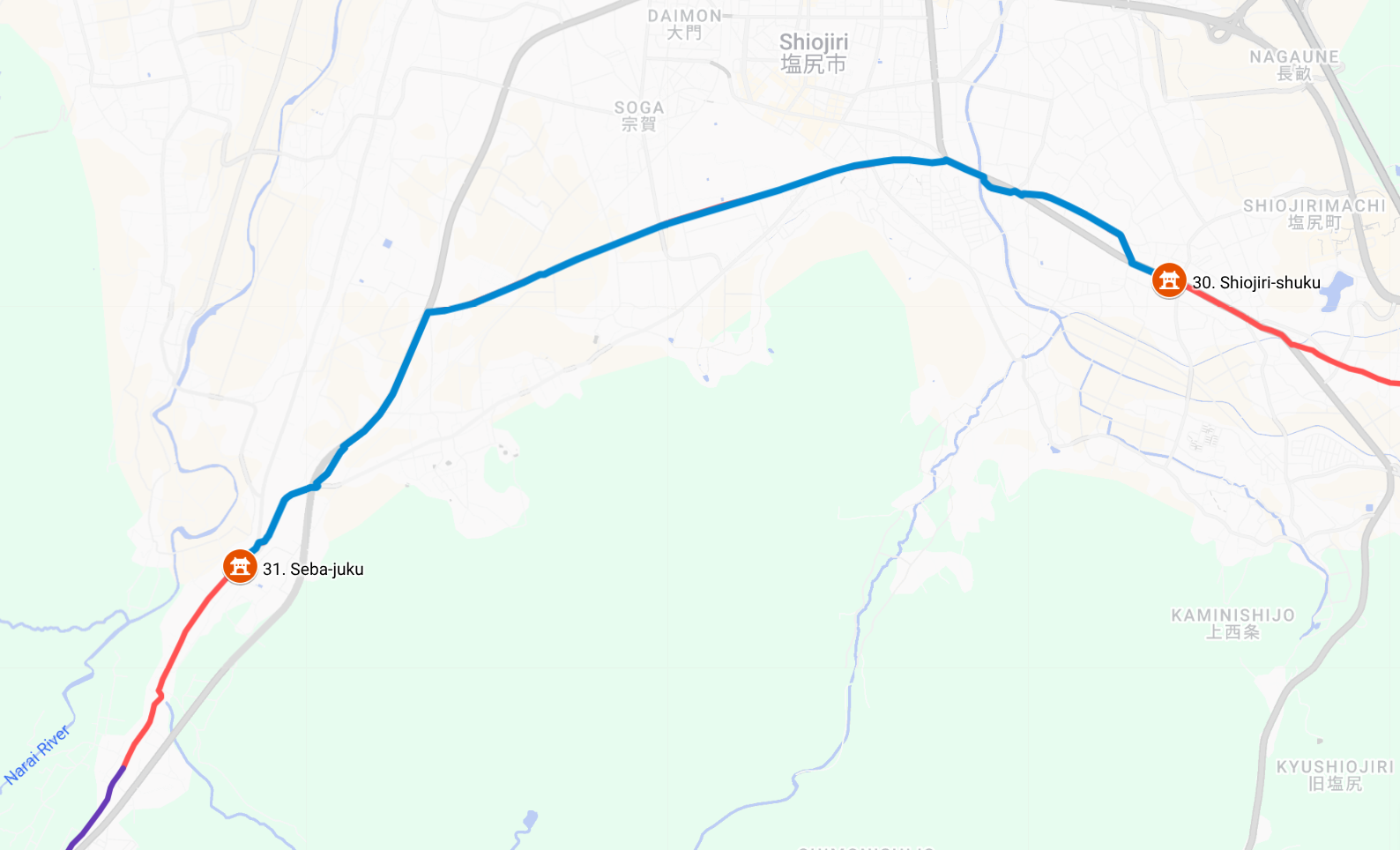 The path between the post towns Seba-juku and Shiojiri-juku.