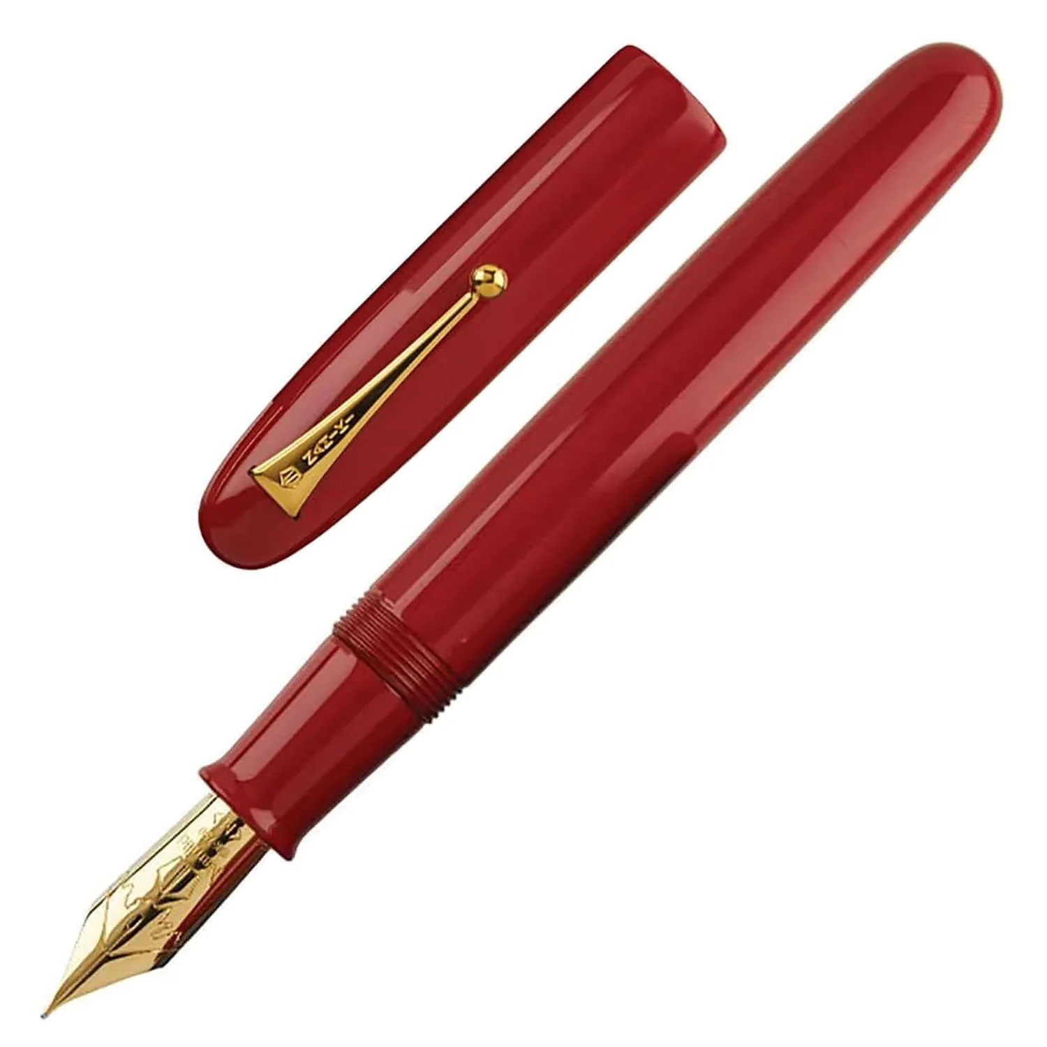 A large red uncapped fountain pen with a gold nib.