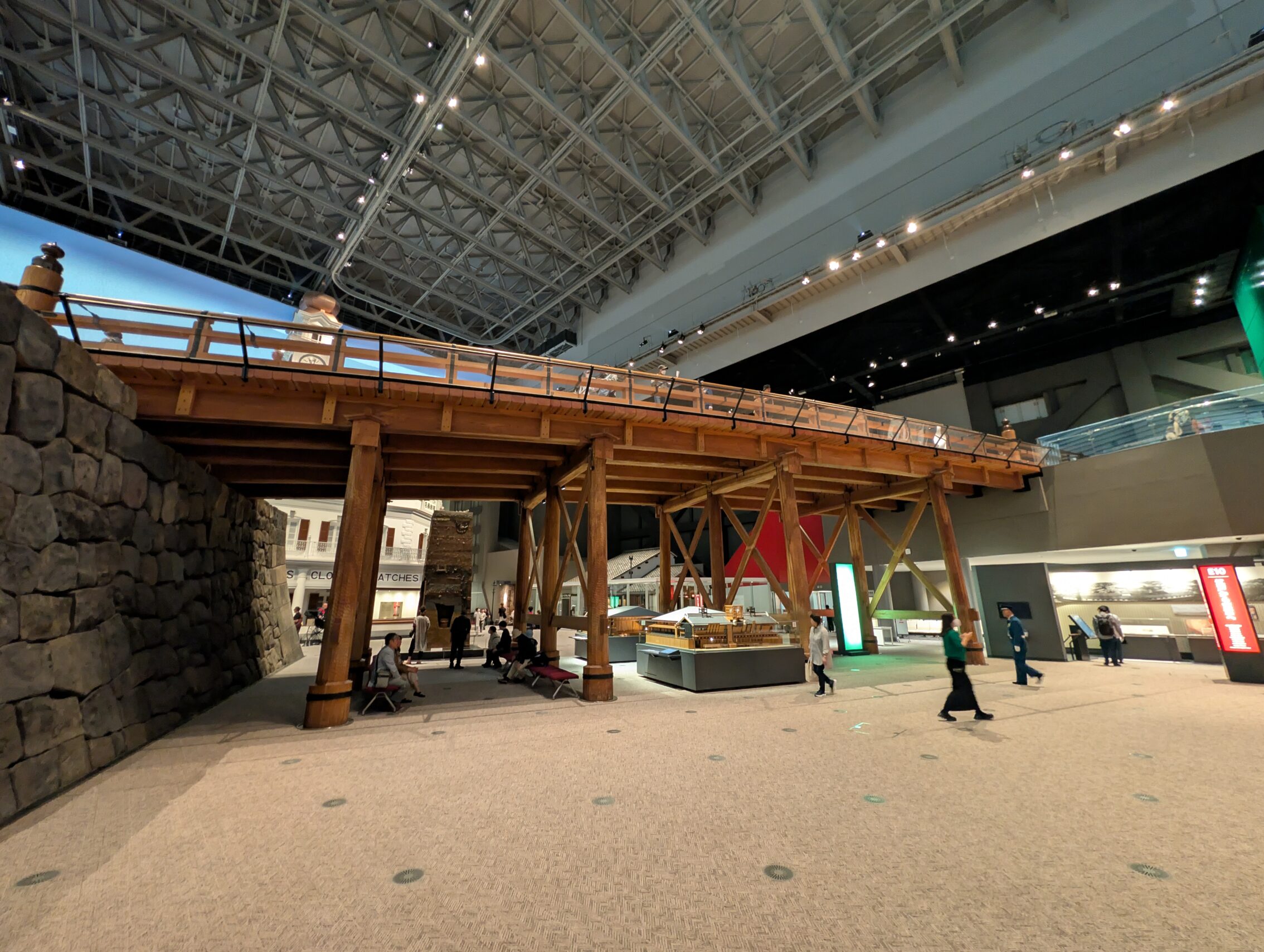 The wooden replica of the Nihonbashi bridge, as seen from the old water level.