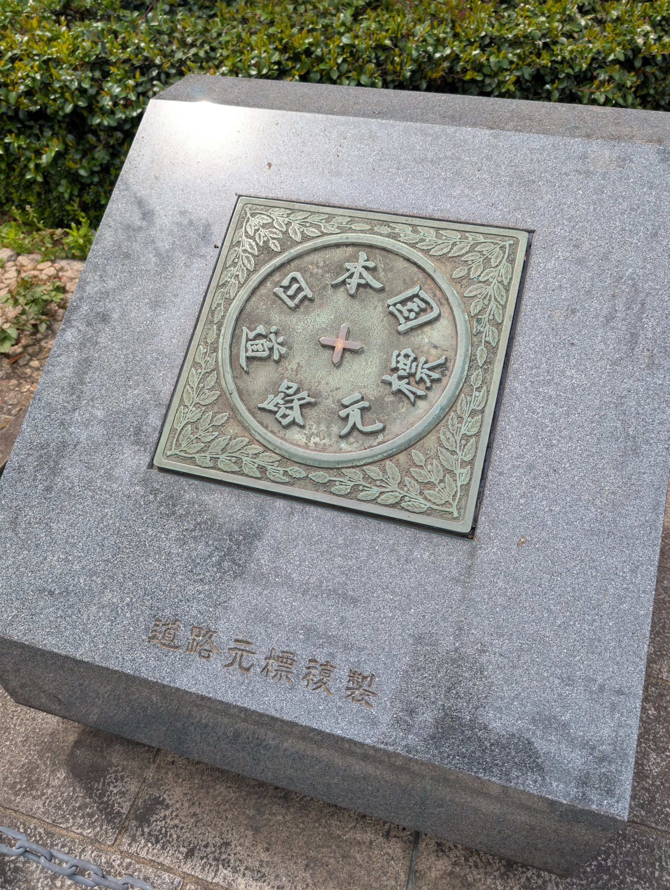 Replica of the kilometre zero mark, mounted on a stone plinth with explaining text.