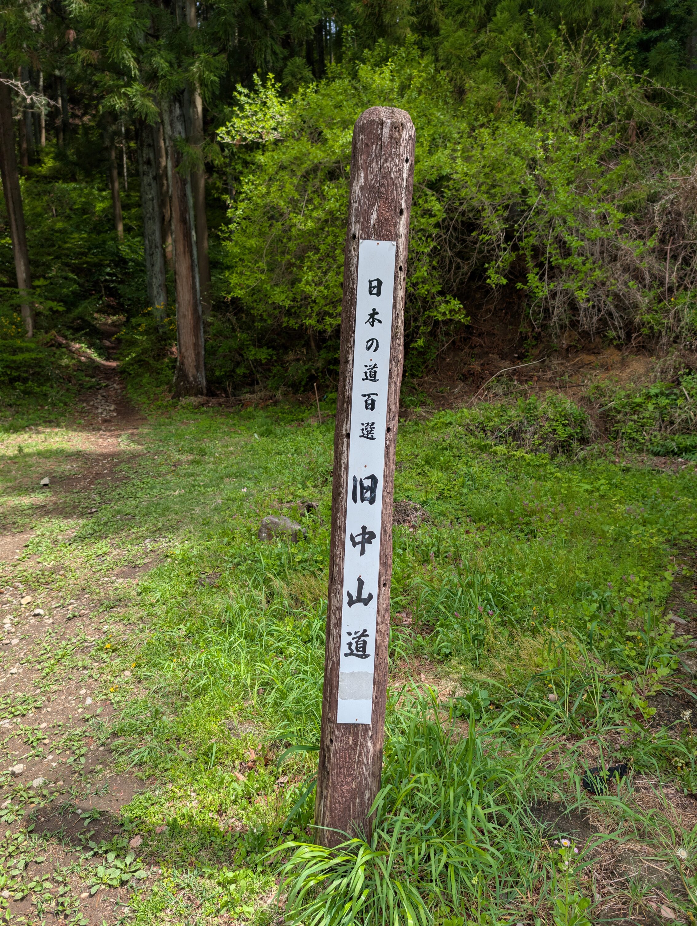 Thin brown pole with a white sign running along horisontally with black text.