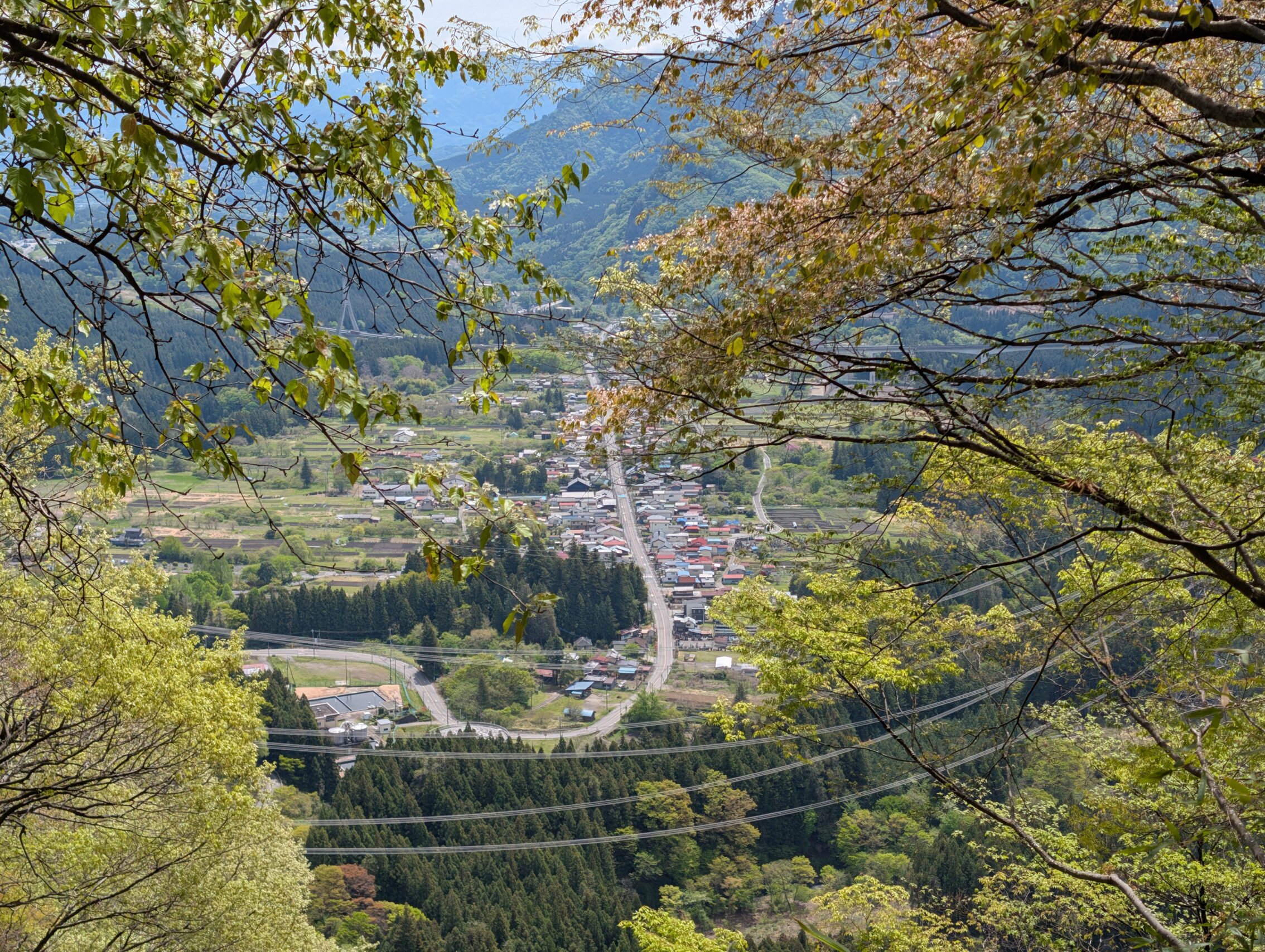 A view of Sakamoto-shuku from above, framed by leaved trees.