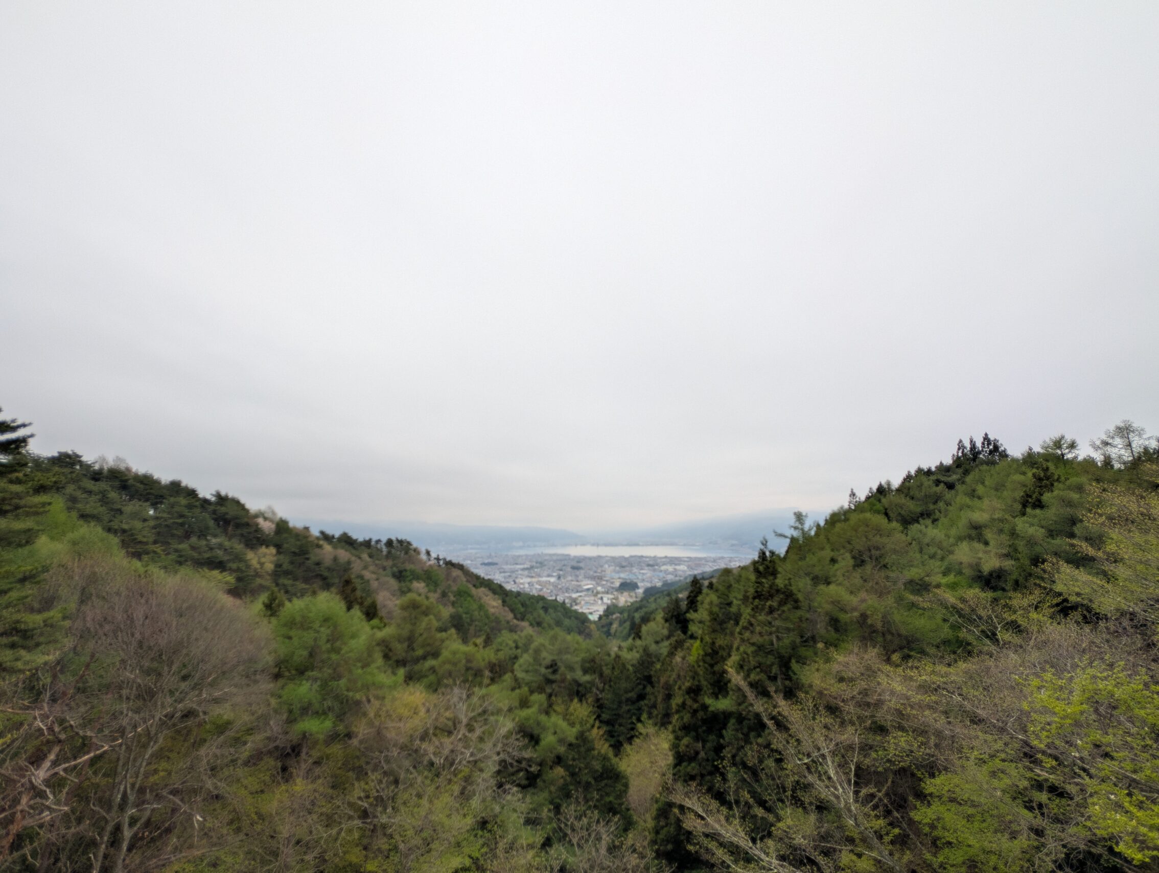 A view from the top of a mountain across a misty landscape.