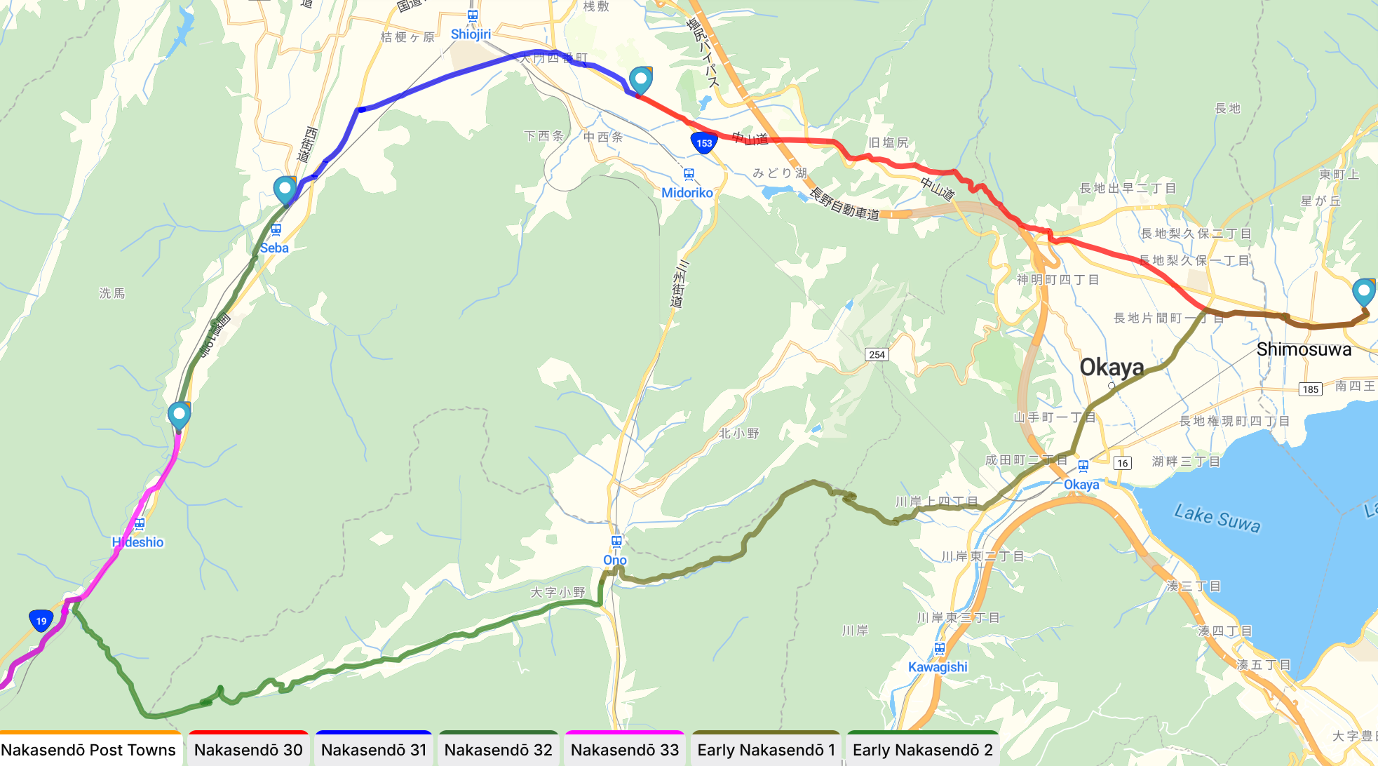 Map with the paths of the Nakasendō and the Early Nakasendō.