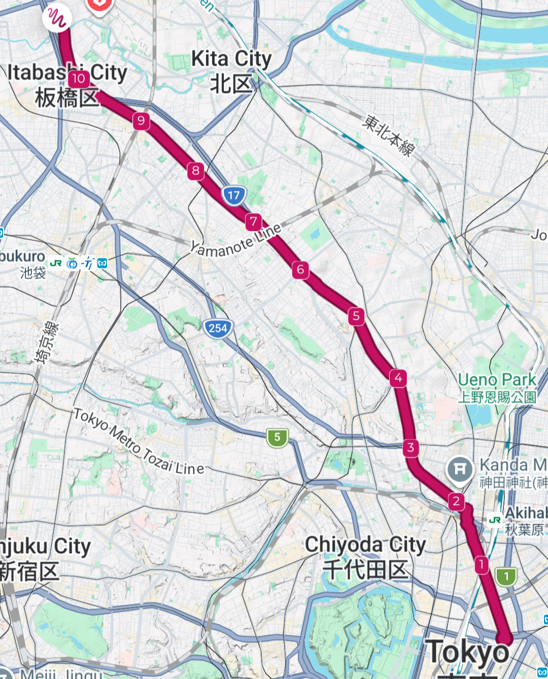 Screenshot of a map showing the path of the first leg.