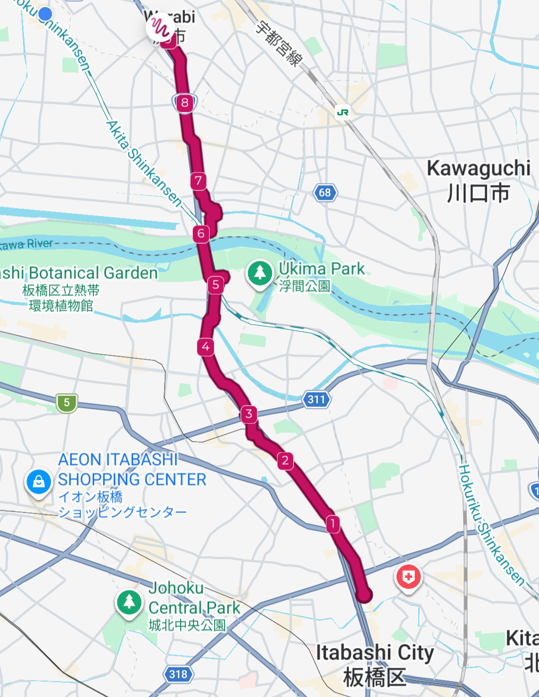 Screenshot of a map showing the path of the second leg.