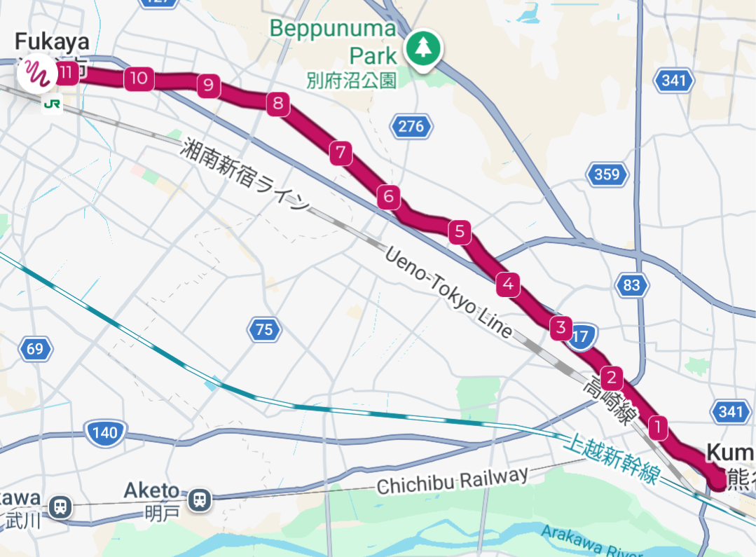 Map of the path between Kumagaya and Fukaya 