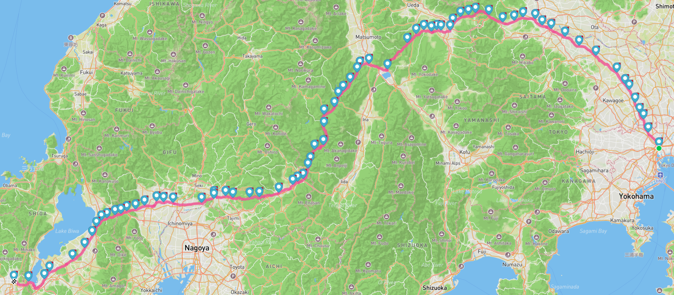 Map of Japan showing the complete path between Tokyo and Kyoto