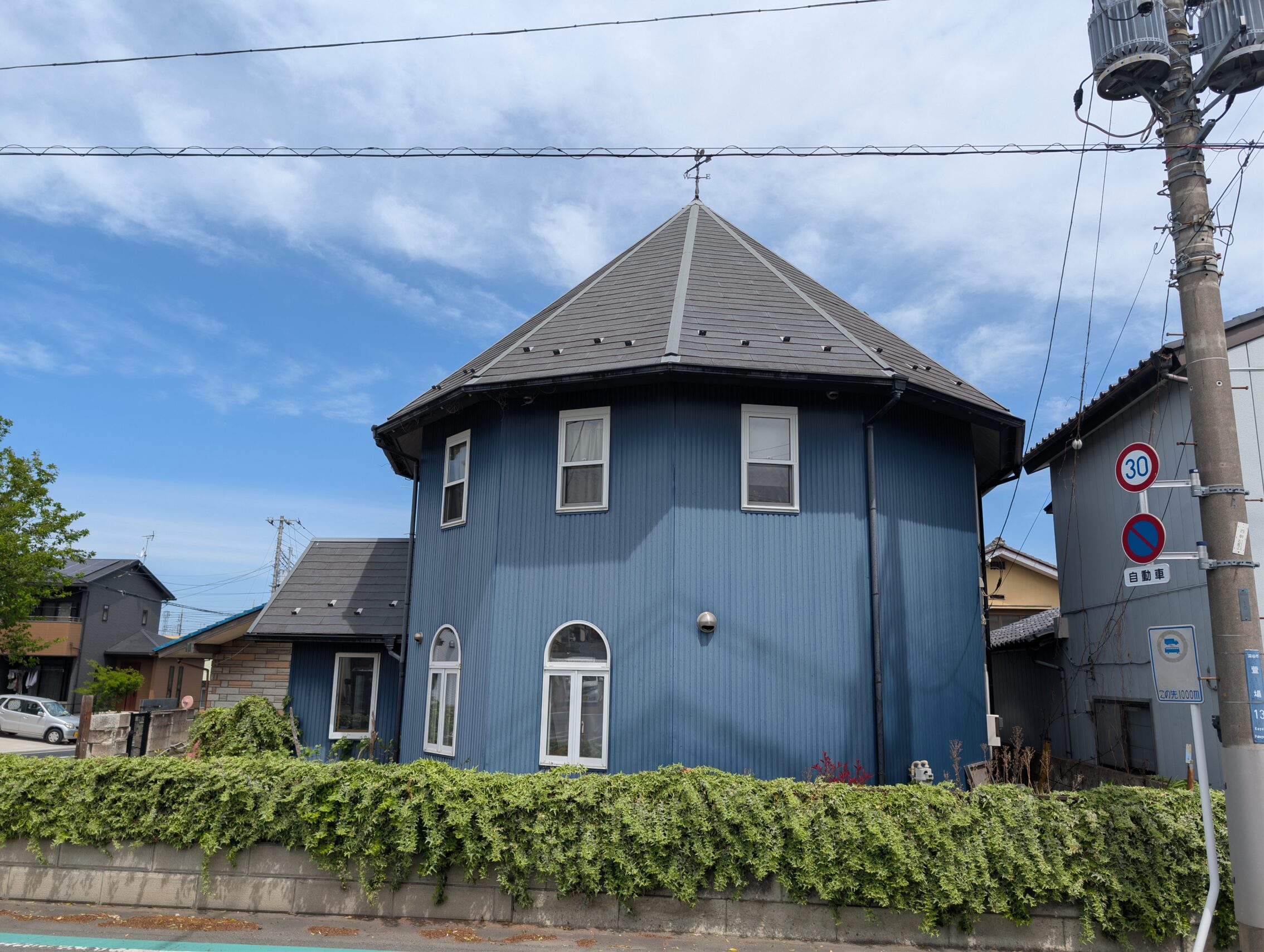 A blue house with maybe around eight sides, and a conical roof.