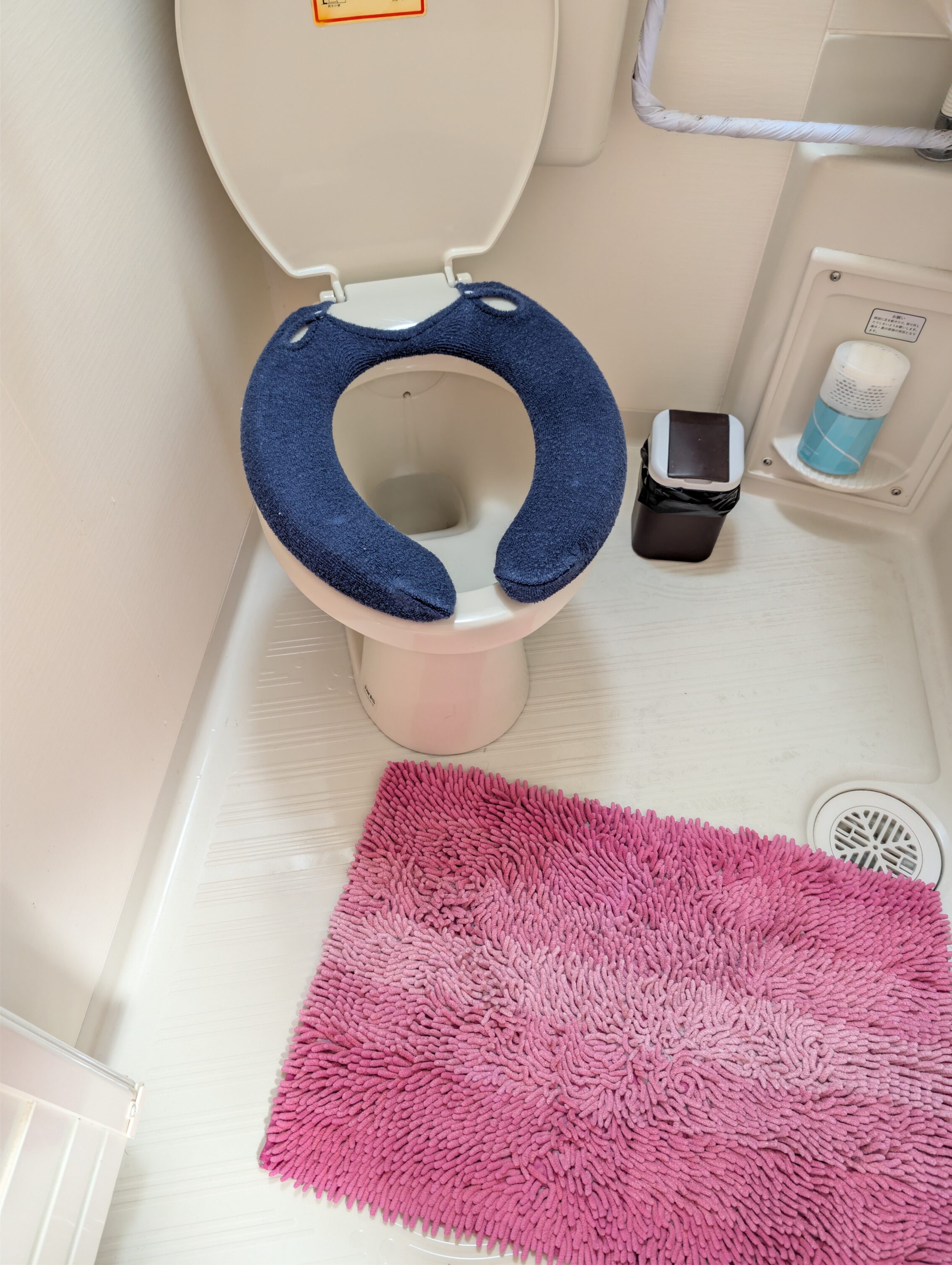 A hotel room toilet with a blue terry cloth cover on the toilet seat ring.