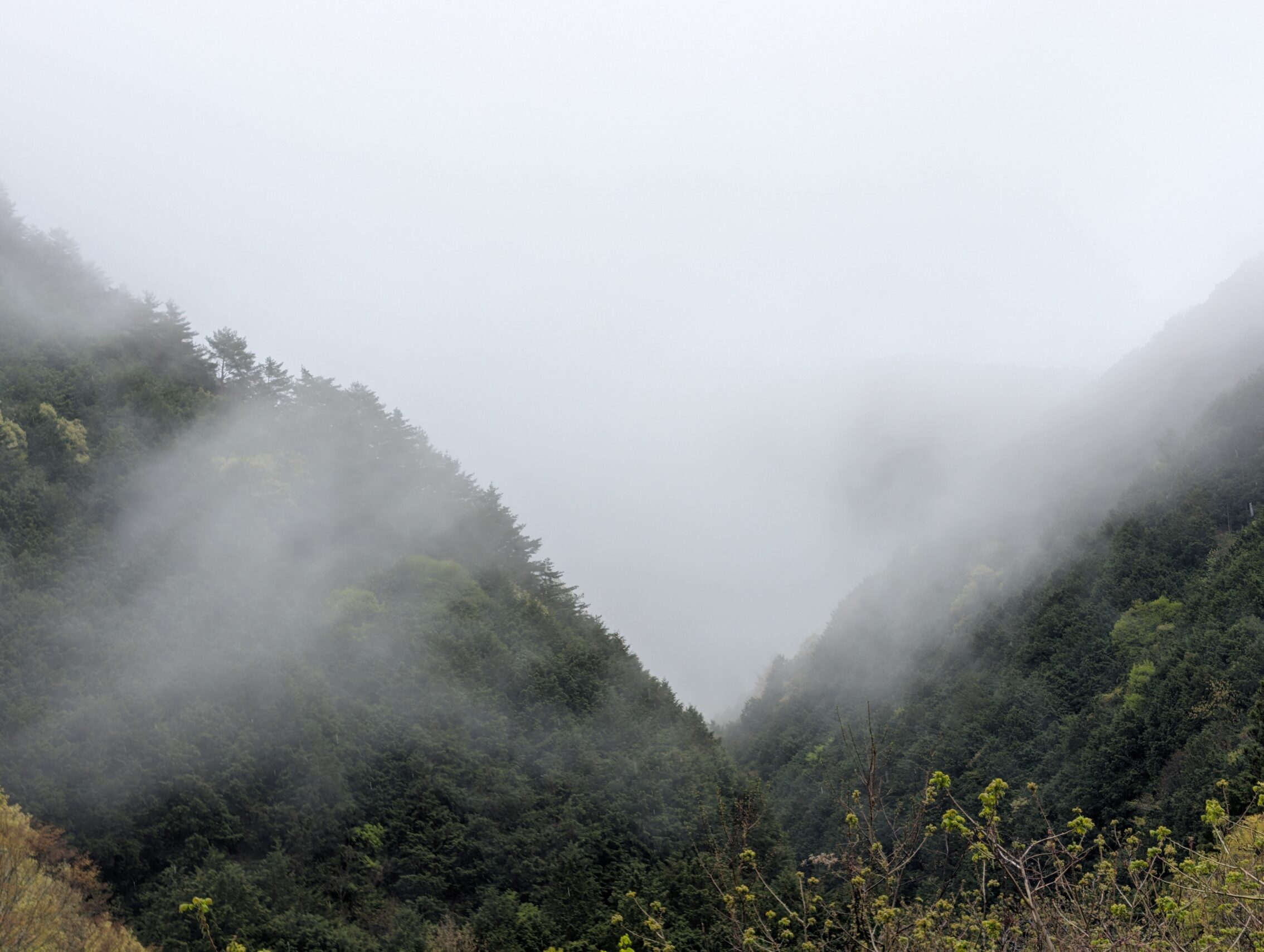 A small valley in the mountains completely covered in mist and rain clouds.