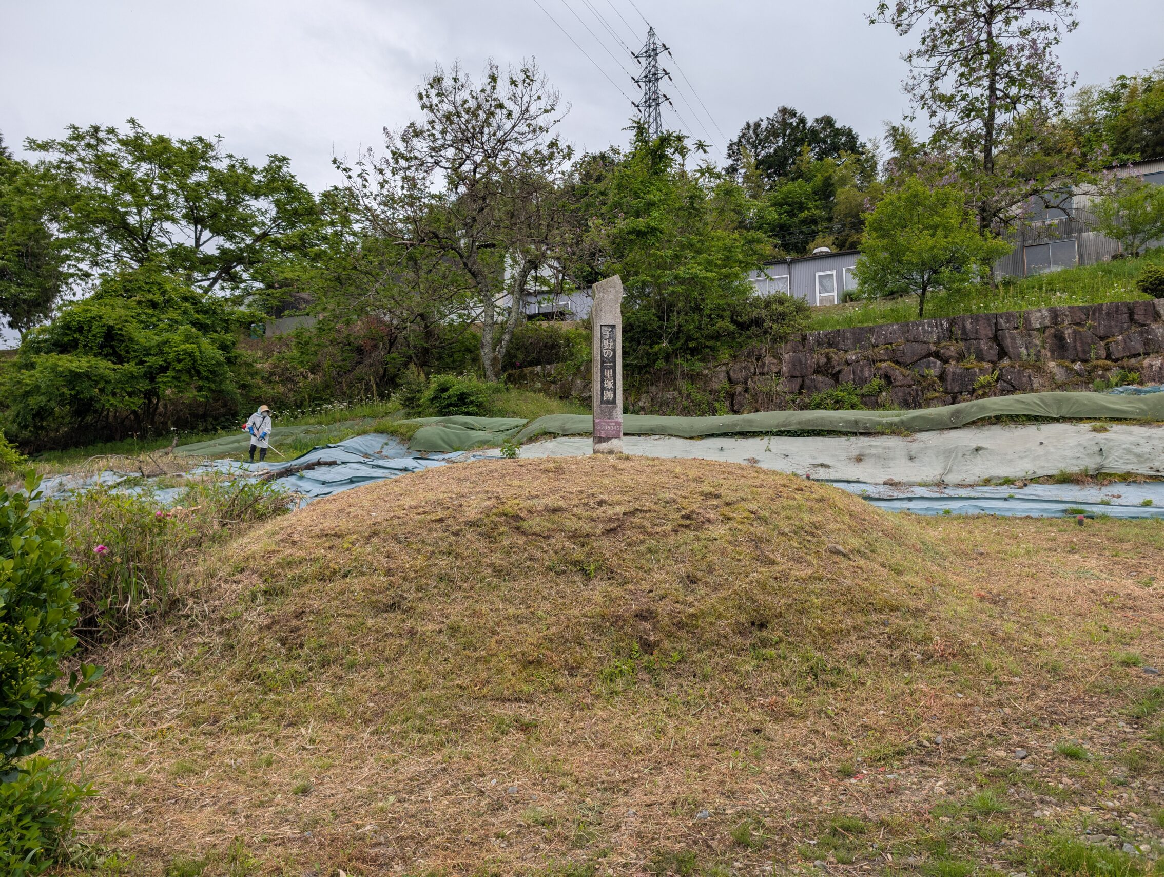 A milestone mound with a milestone marker.