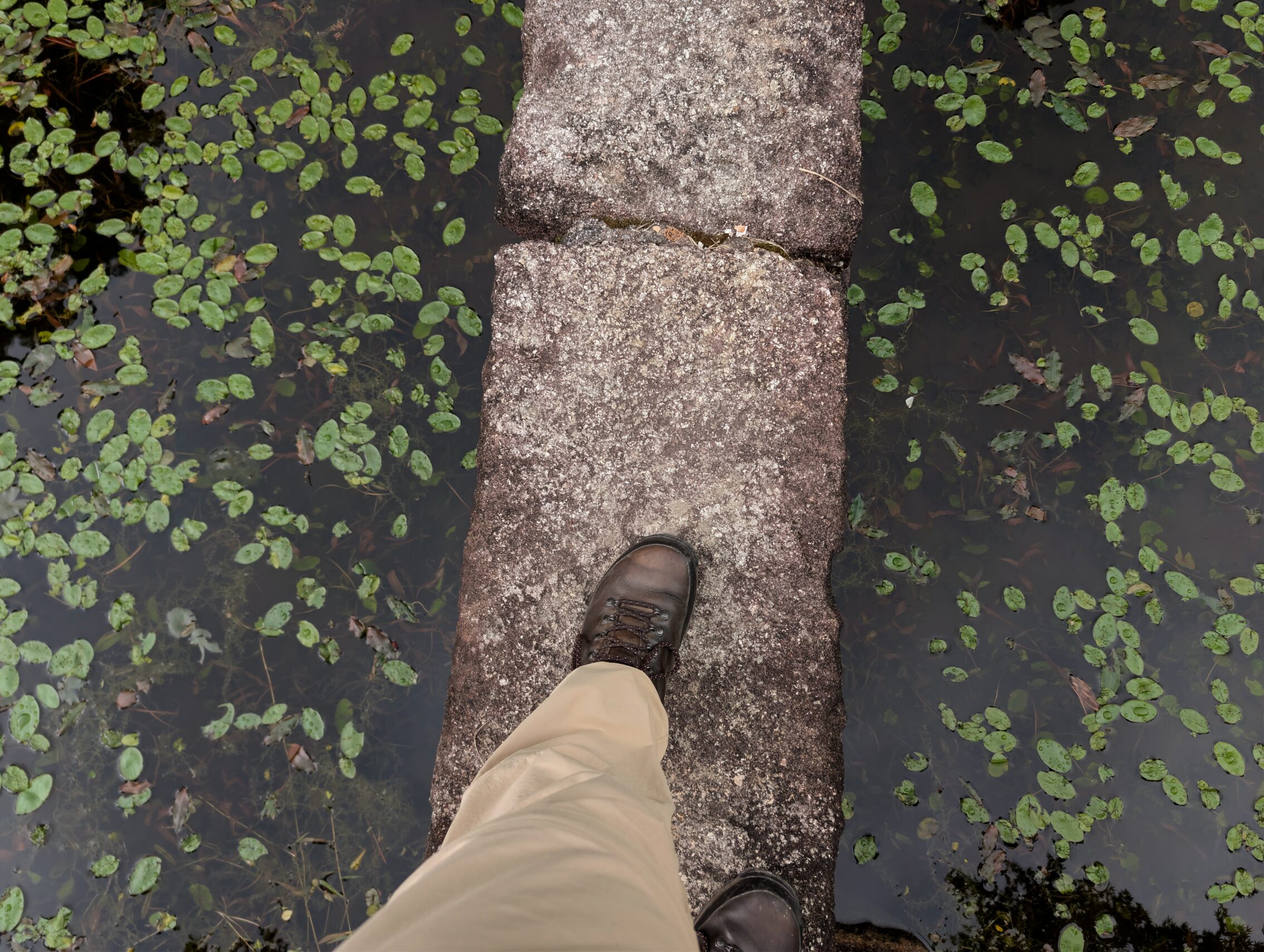 A person walking across a stone bridge with calm water on both sides.