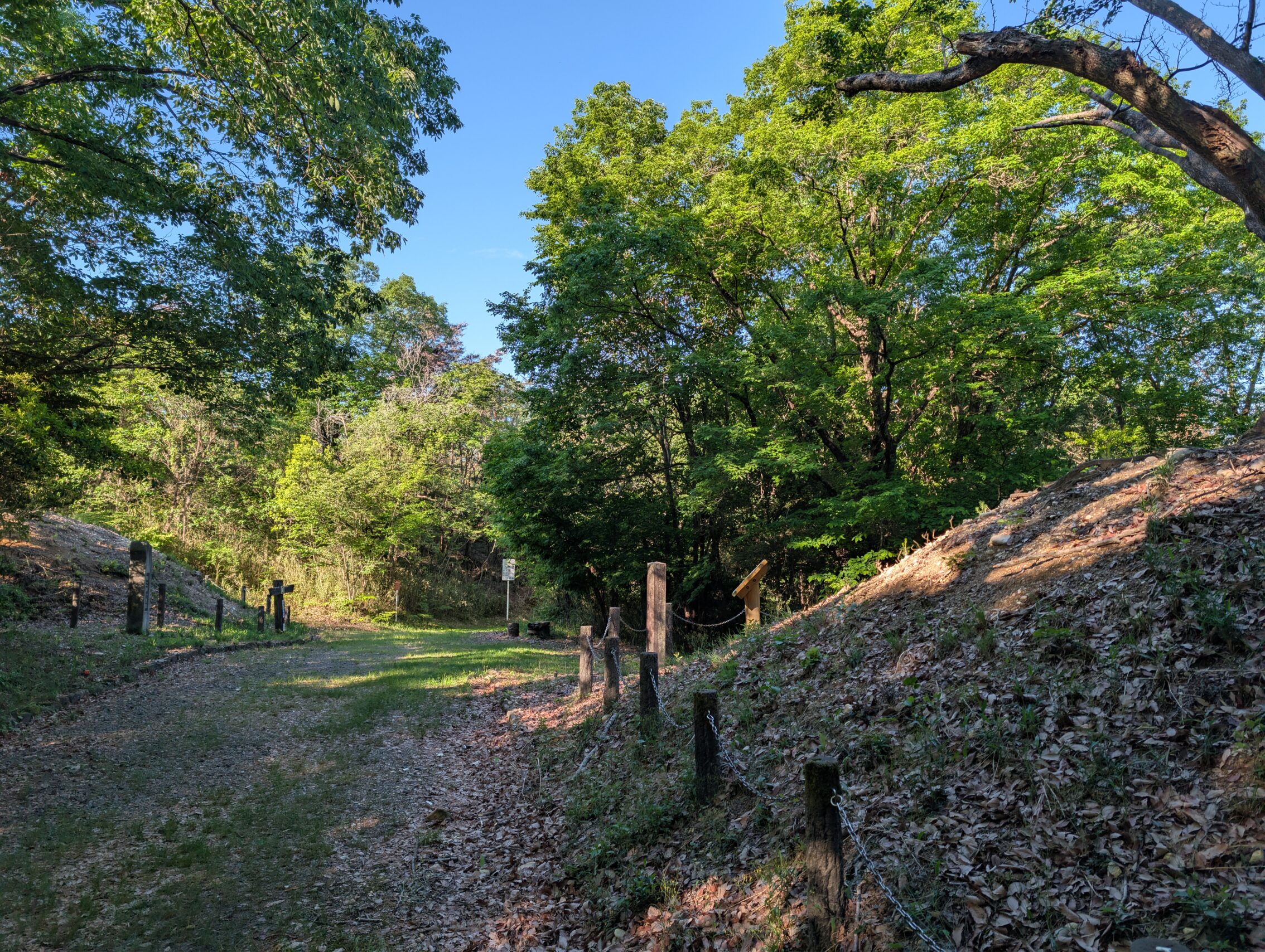 Two earthen mounds of a milestone, surrounded by trees.