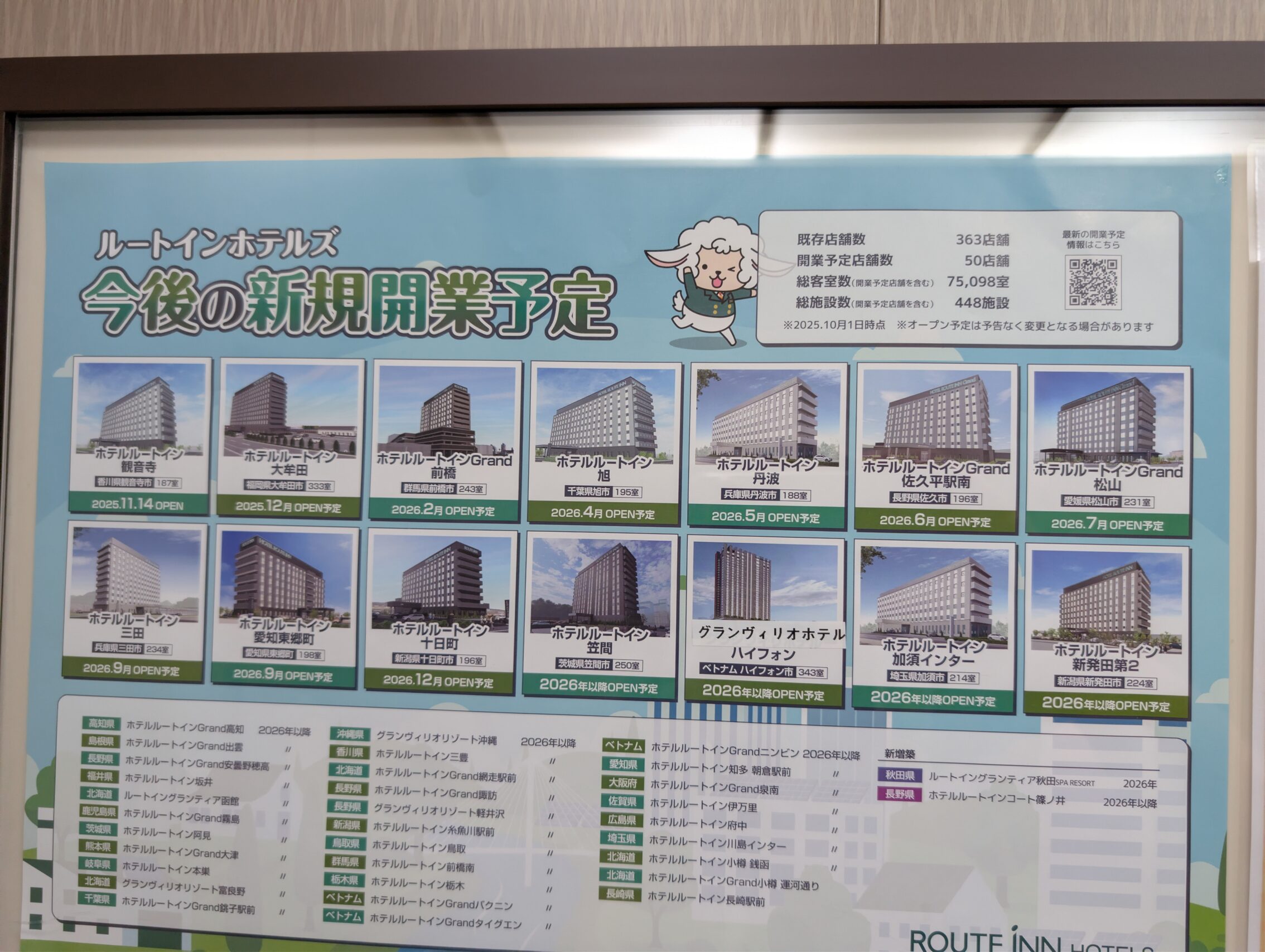 A poster showing more than a dozen new hotels all across Japan. The buildings are largely identical slabs of grey concrete.