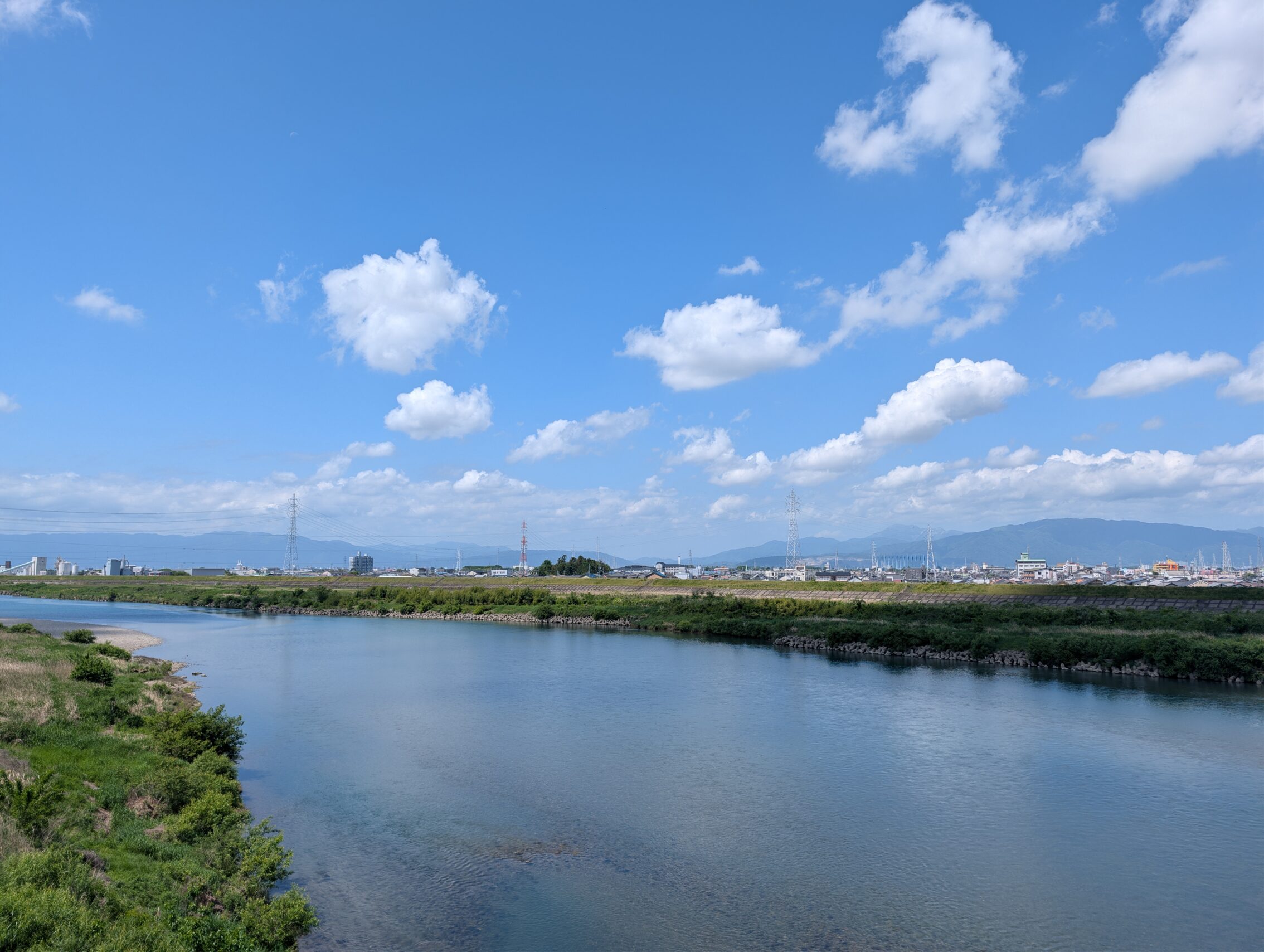 A large river with a blue sky.