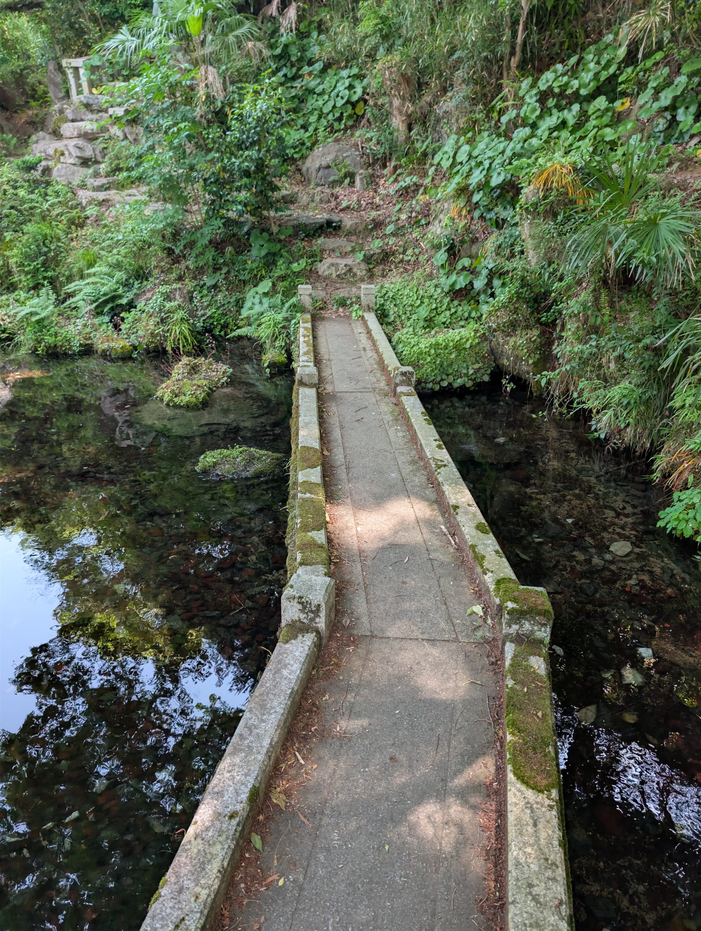 A narrow stone bridge for pedestrians across a dark pond.