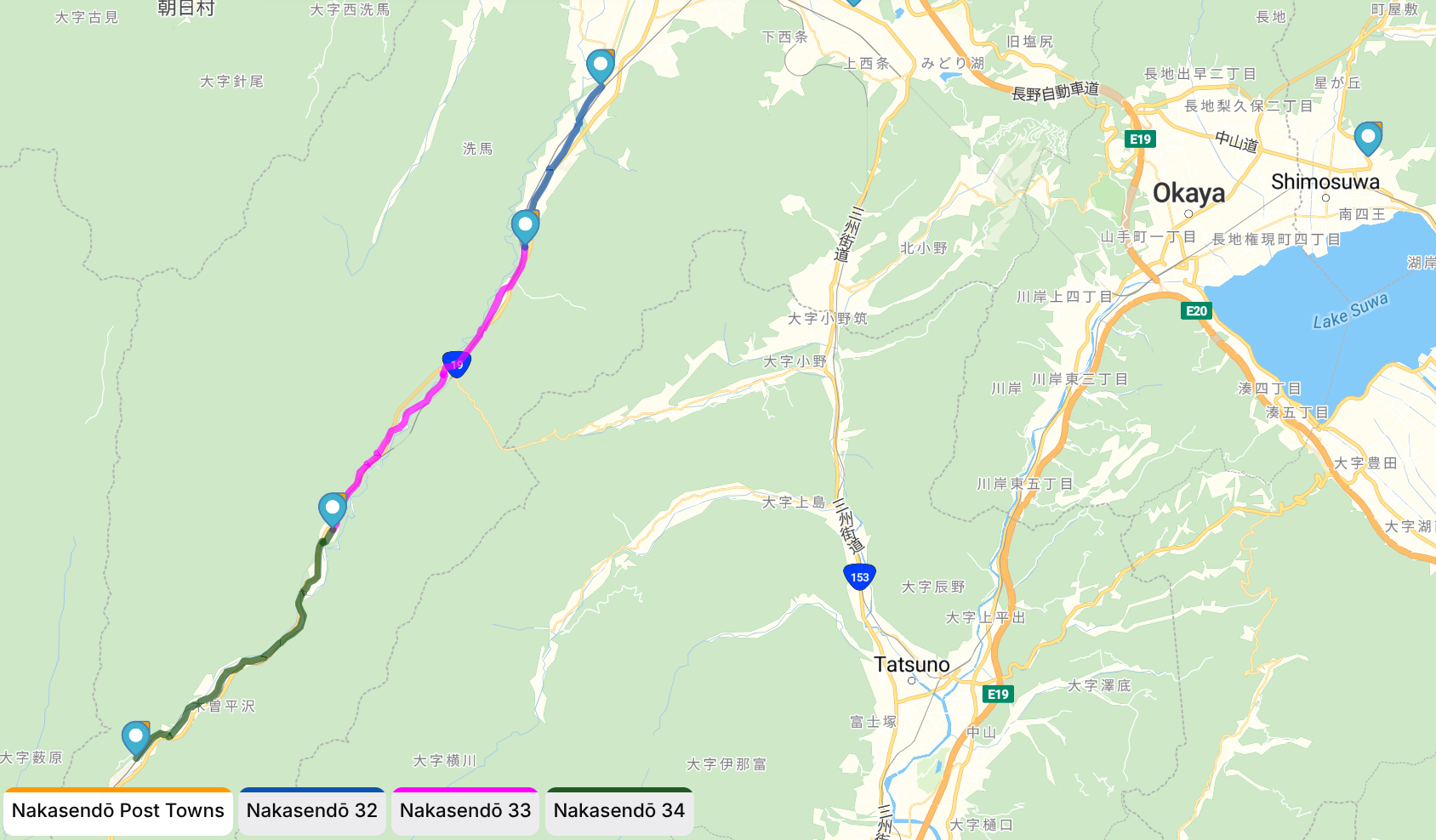 Map of three legs of the Nakasendō.