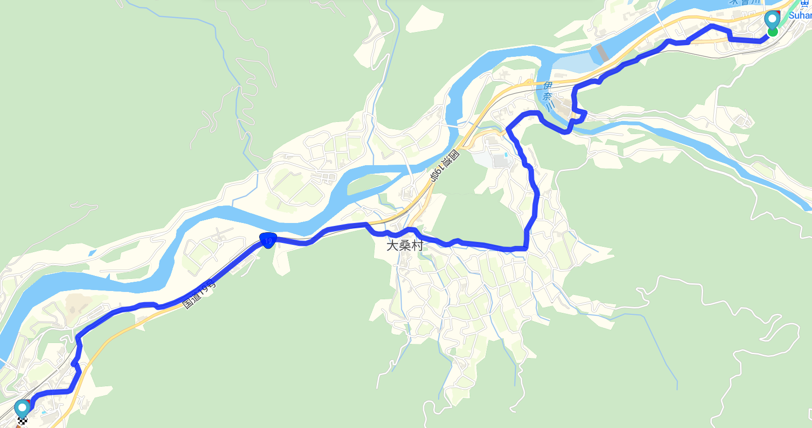 A map screenshot showing the route between Suhara-juku and Nojiri-juku.