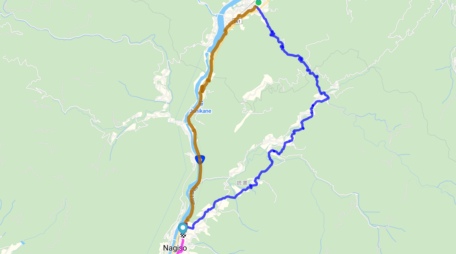 A map showing two paths between the post stations. One along the river, and one up in the mountains.