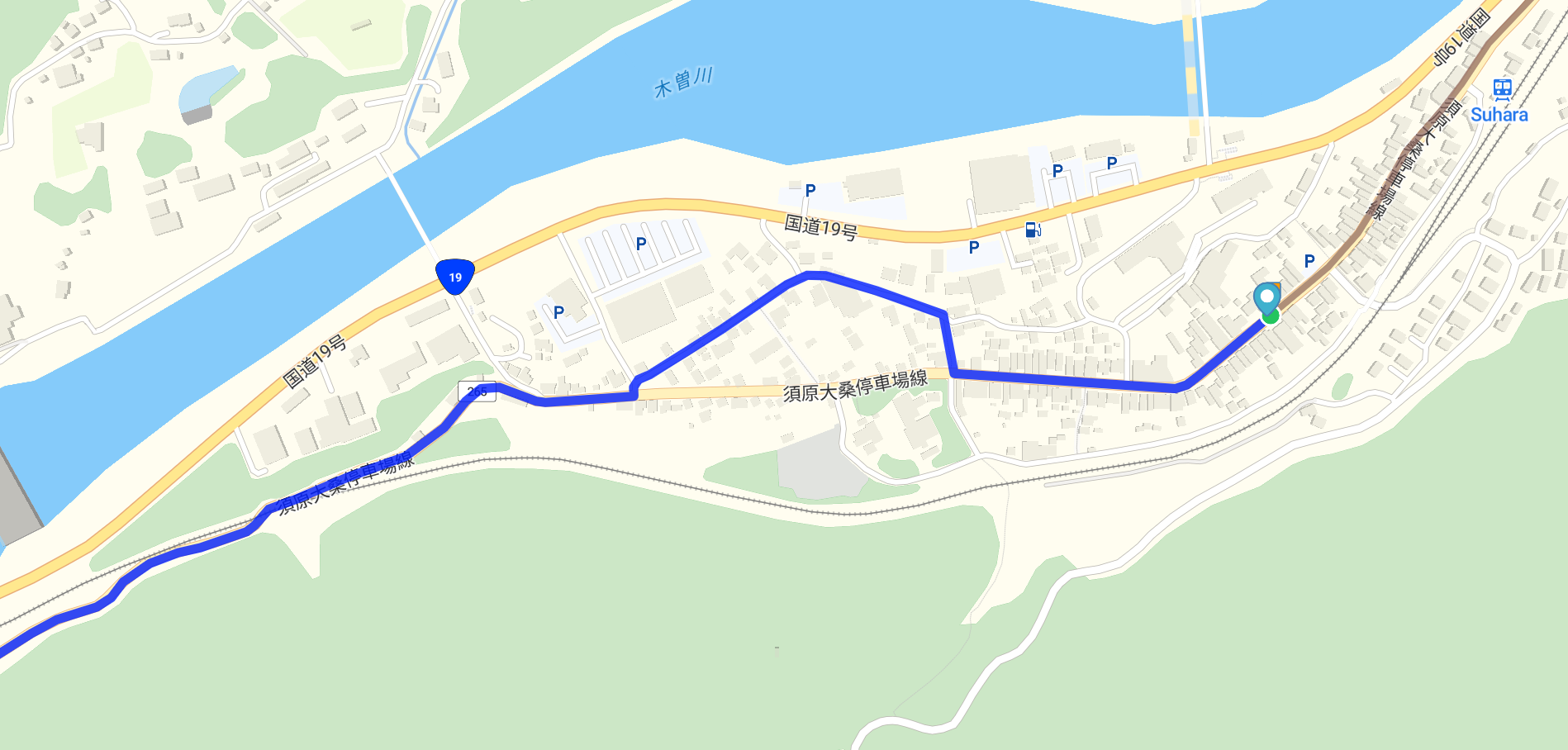 Map of the Nakasendō as it passes through Suhara-juku.