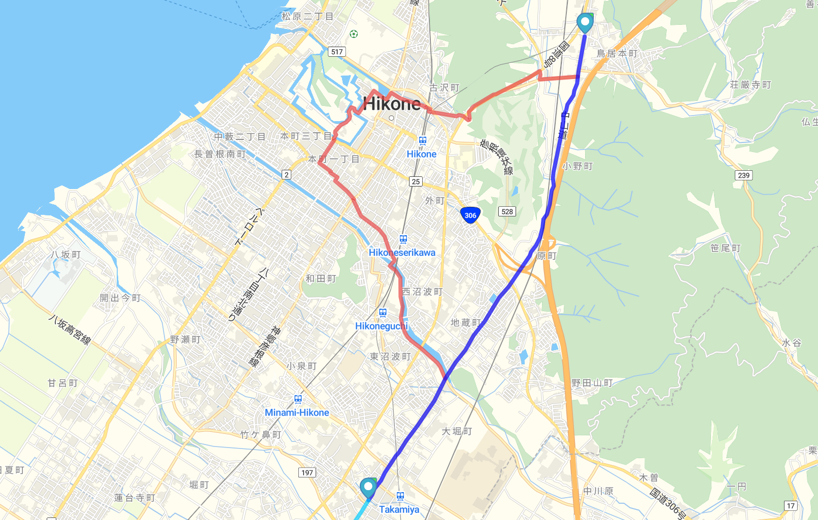 A map showing two paths between Toriimoto-juku and Takamiya-juku, one that is significantly longer that goes past the Hikone castle in the west.