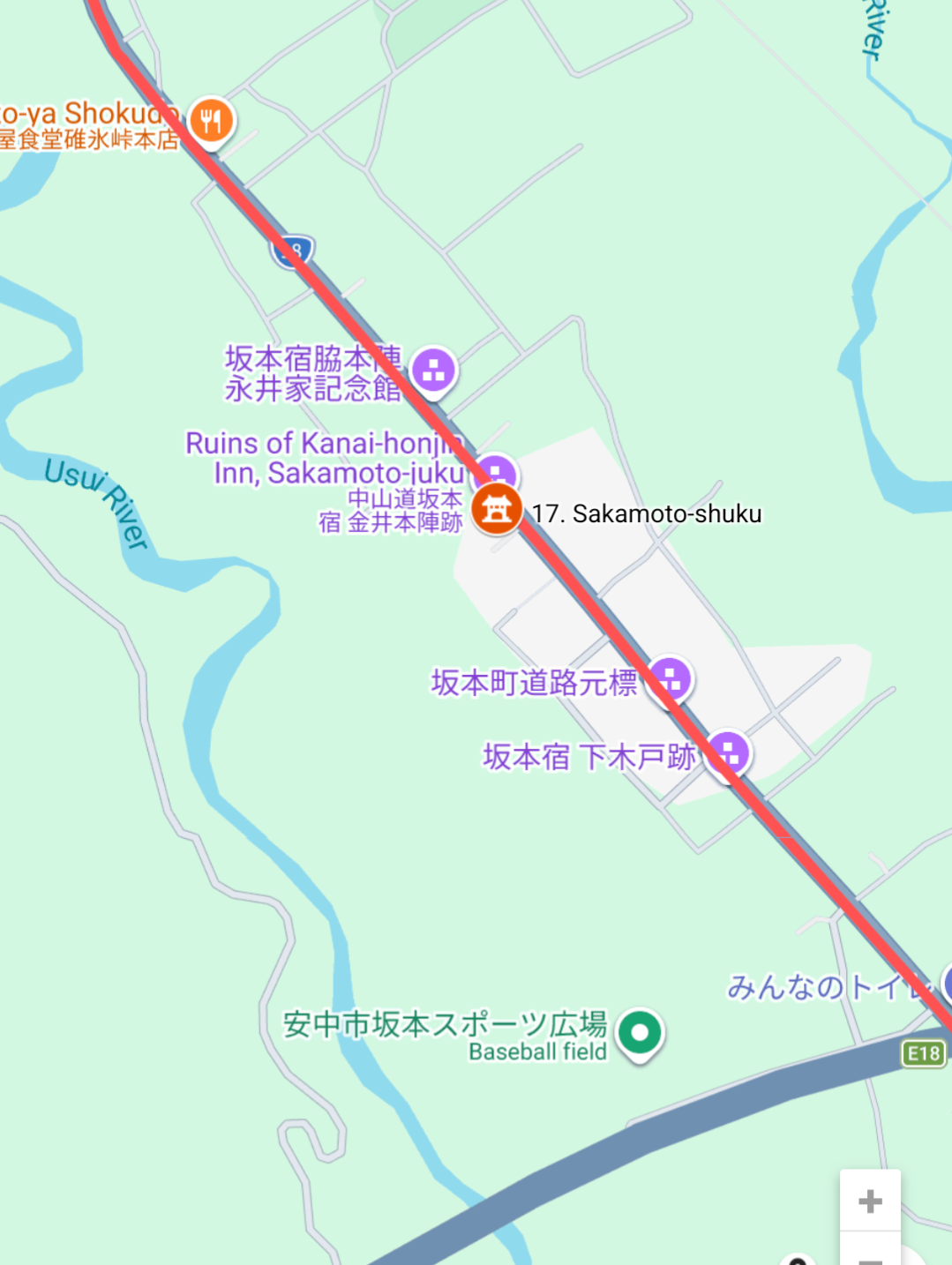 Map of a straight path through the Sakamoto-juku.