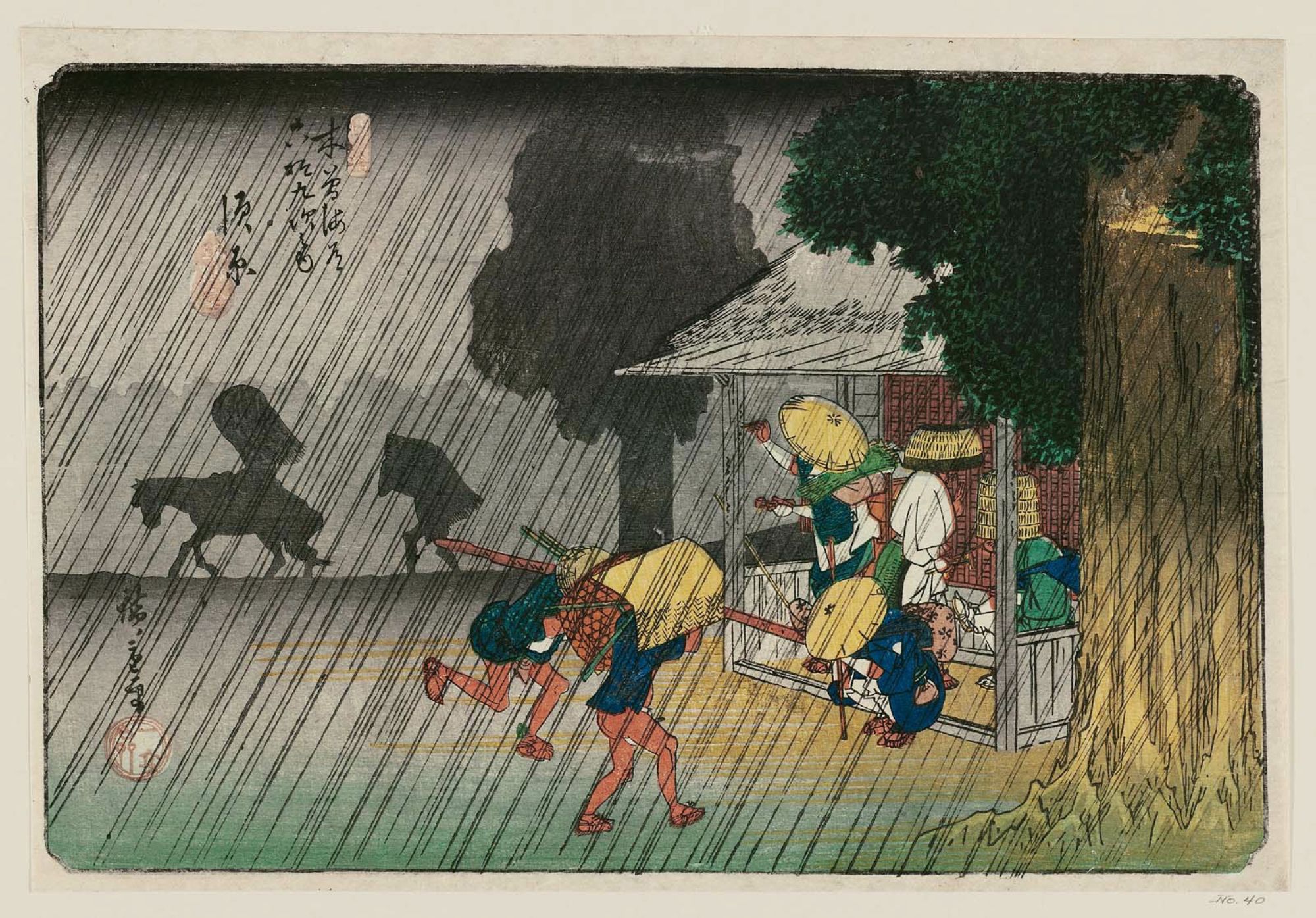 Travellers hurrying to escape the rain into a welcoming inn.