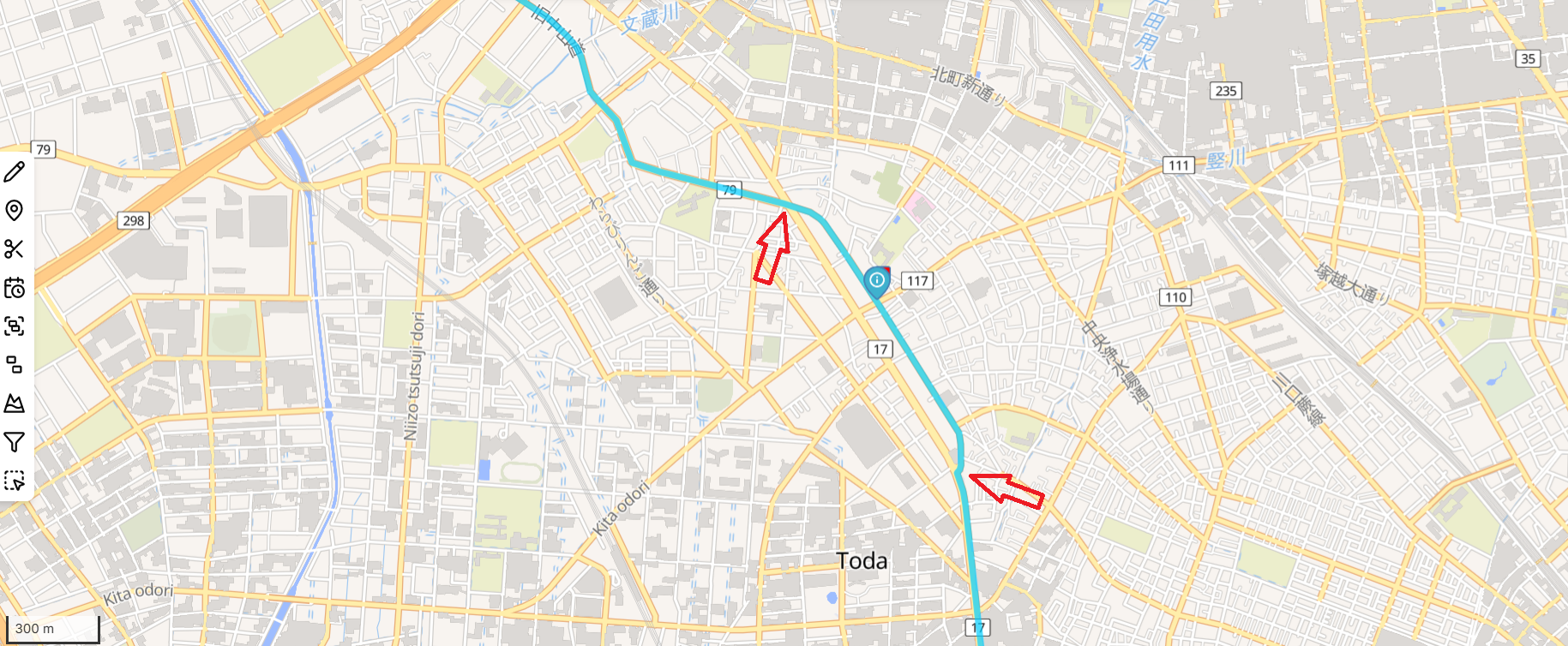 Close-up map of Warabi-shuku with red arrows showing where the north and south end of the post town were. 